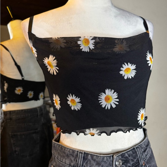 90’s lovely Day Mesh Crop Top Daisy Floral Pattern Vintage Retro Spaghetti Strap - Picture 6 of 6